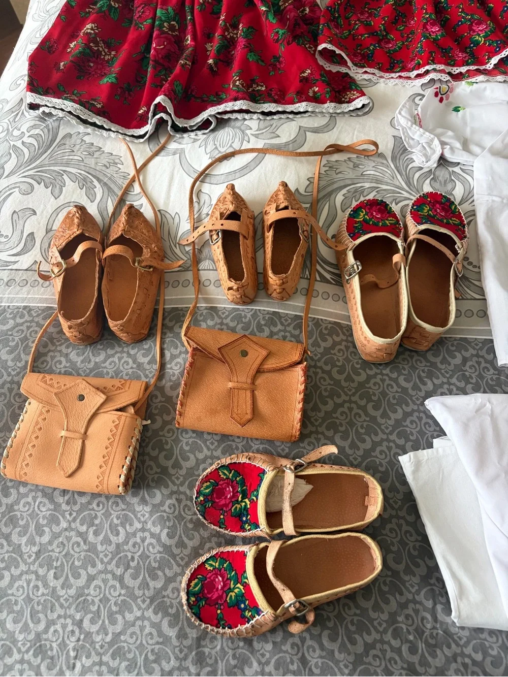 Handmade Tan and Red Floral Kids Mary Jane Shoes